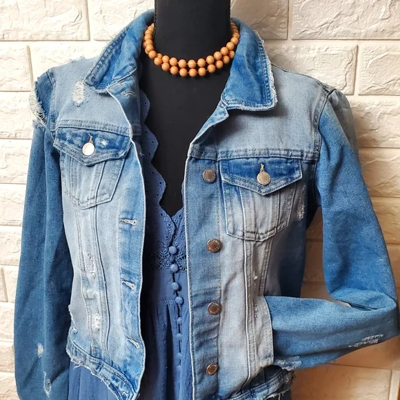 Plus Size Distressed Denim Jacket - Dark Wash